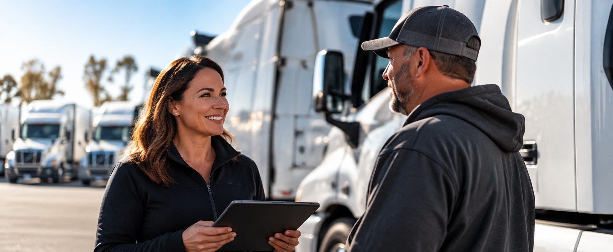 Fleet advisor speaking with a professional truck driver beside semi trucks