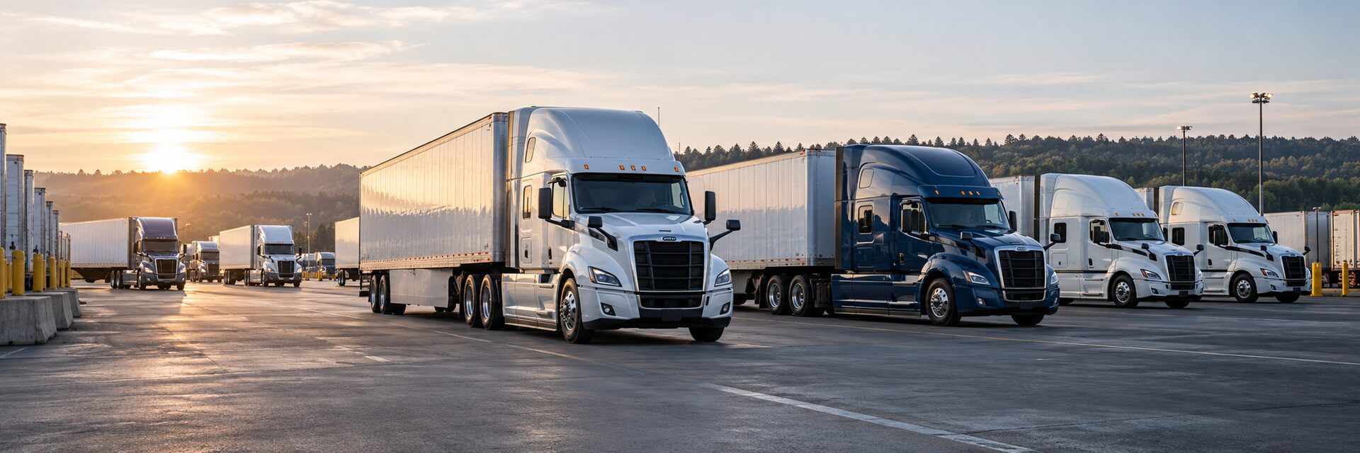 Commercial trucks at a fleet terminal in the early morning