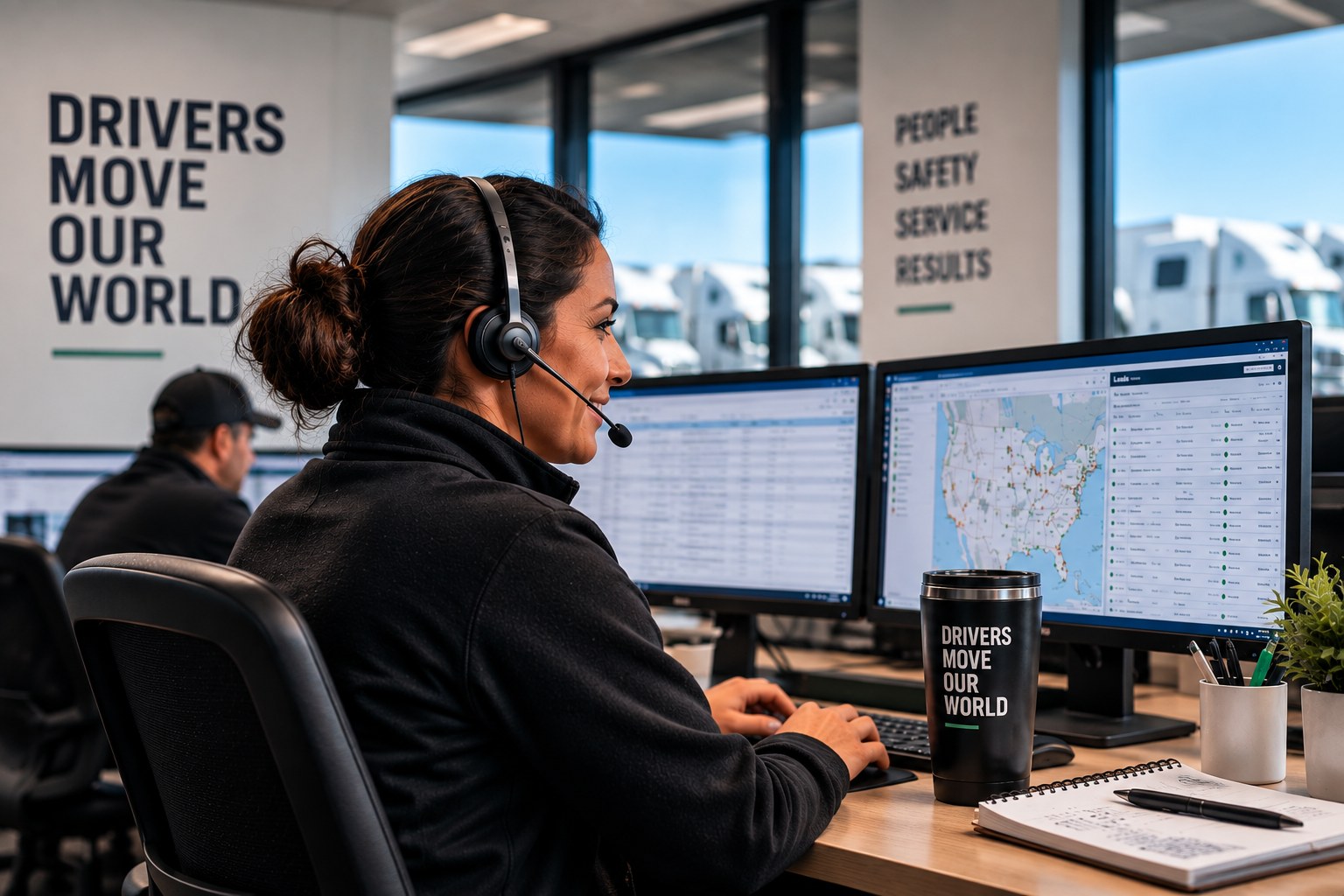 Fleet dispatcher coordinating driver operations from a transportation office