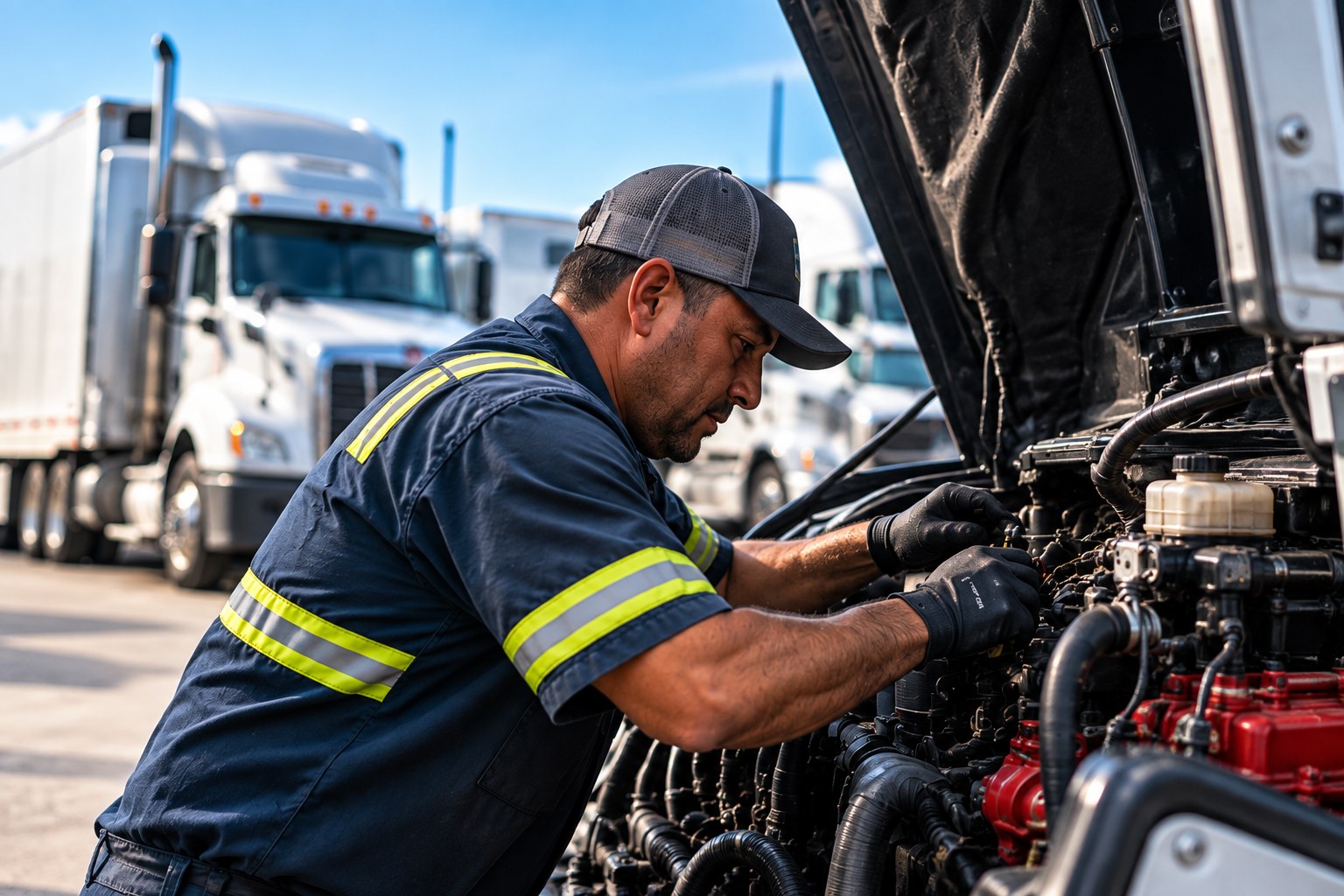 Fleet maintenance technician inspecting a semi truck