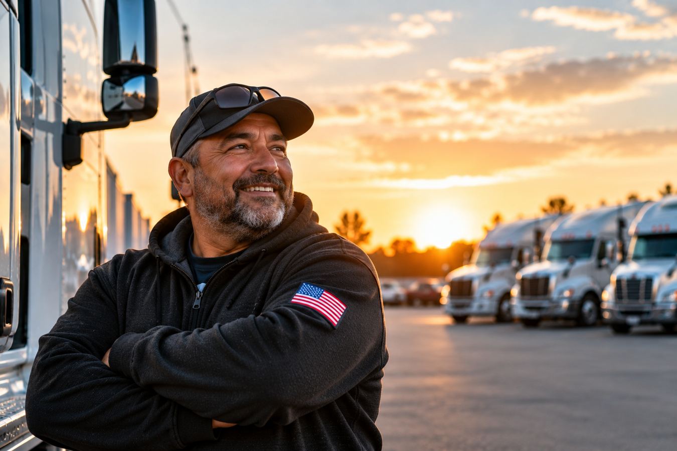 Professional truck driver standing beside a semi truck in a fleet yard